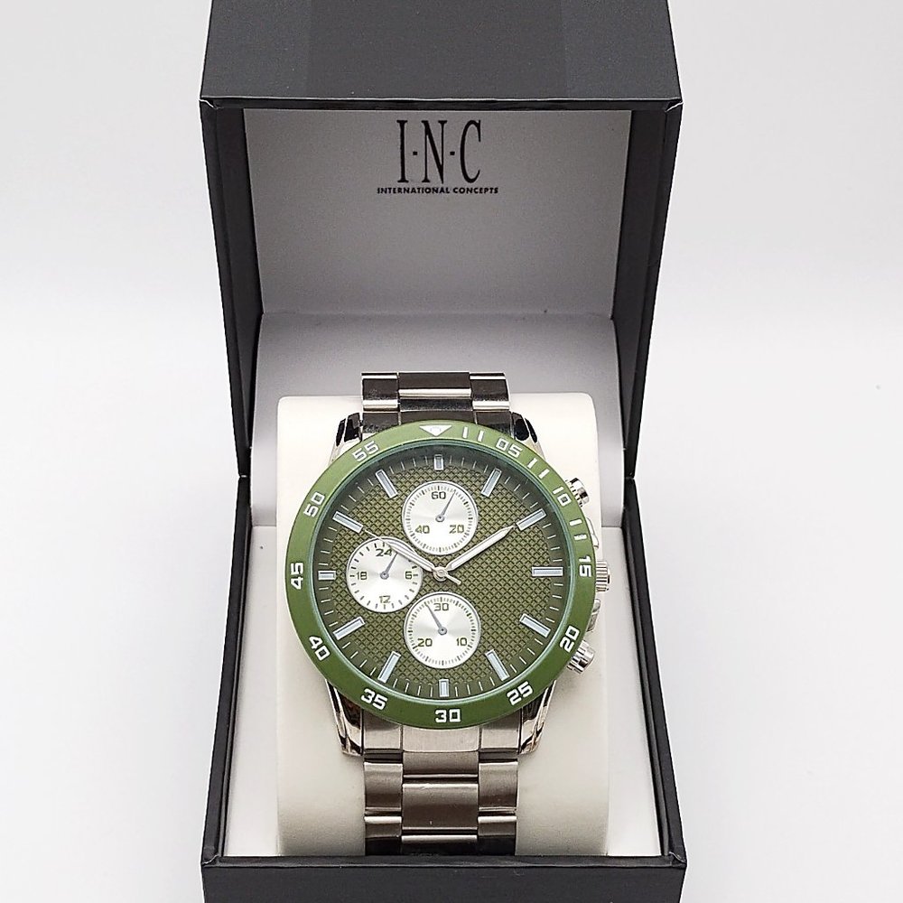 Inc Mens Imitation Chronograph Silver-Tone Link Bracelet Watch 48mm: OS/Green